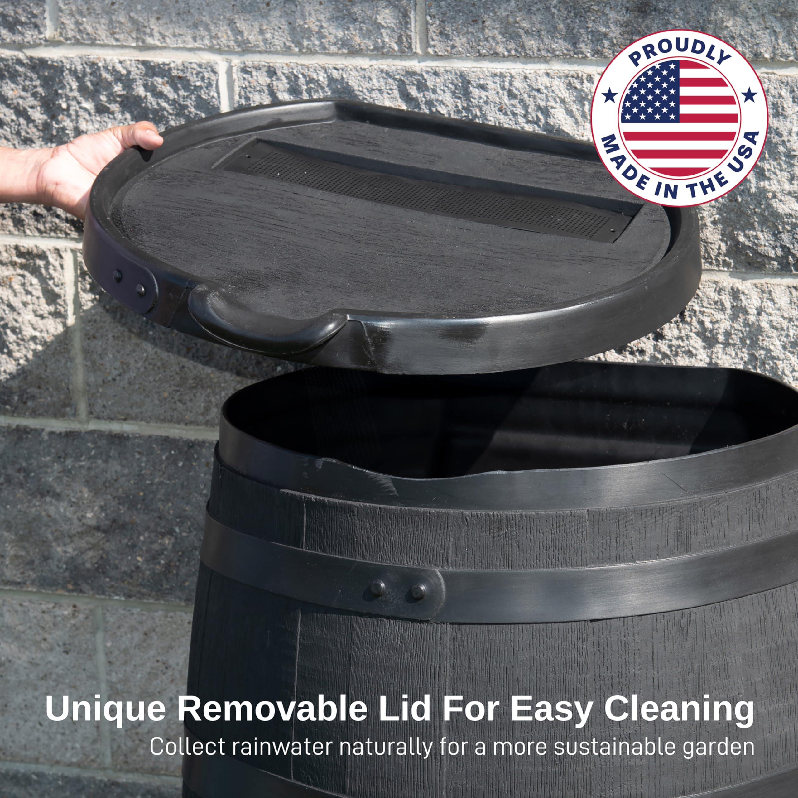 RTS Home Accents rain barrel with removable lid for easy cleaning