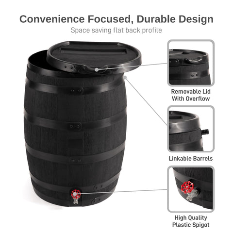 RTS Home Accents rain barrel flat-back design fits against a wall