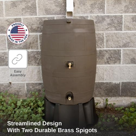 RTS Home Accents rain barrel with stand elevates access for efficient water retrieval.