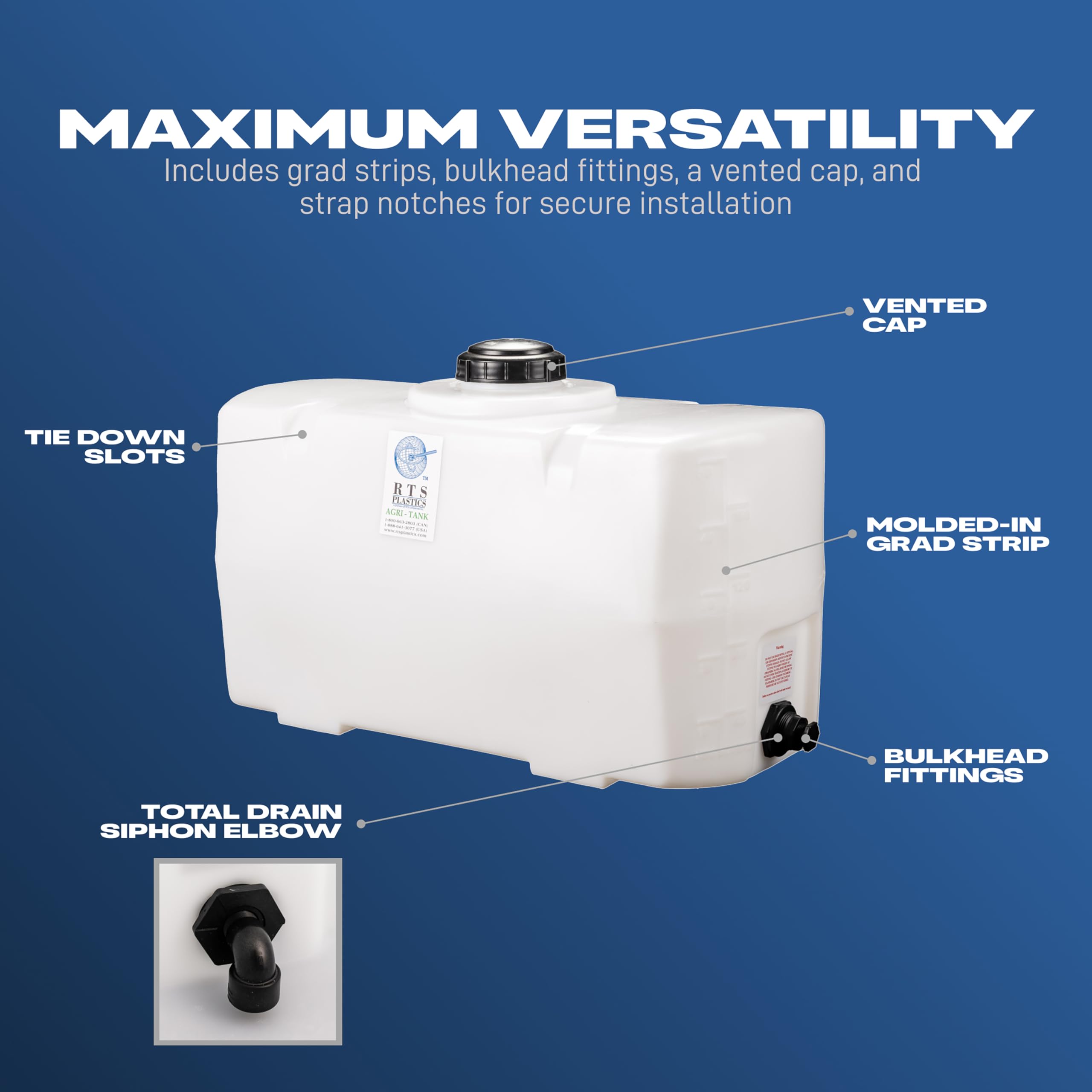 RTS Plastics PCO-50 Gallon Tank shows molded-in gallon graduations for quick level checks