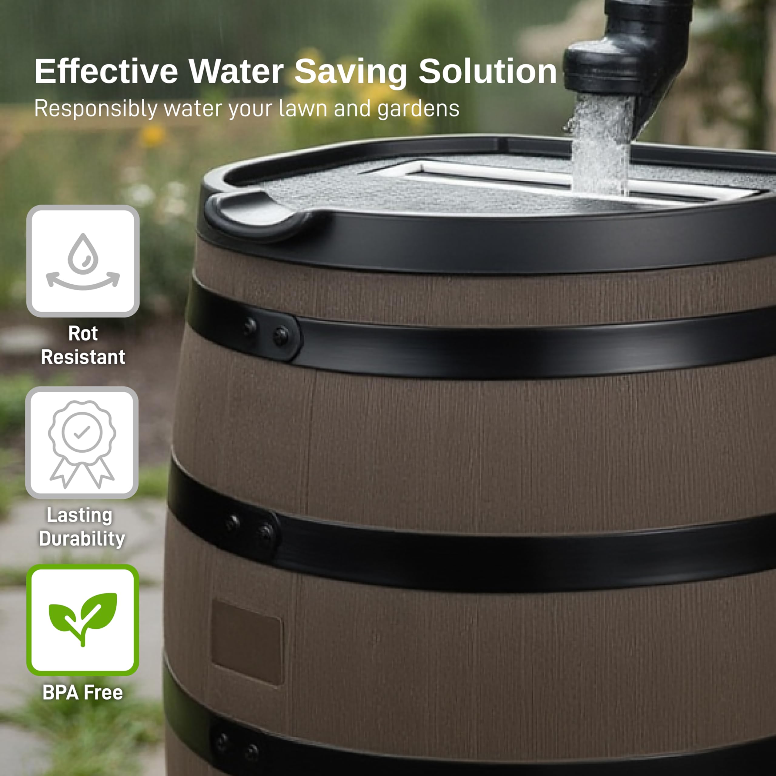 RTS Home Accents flat-back rain barrel designed to fit against walls and fences.