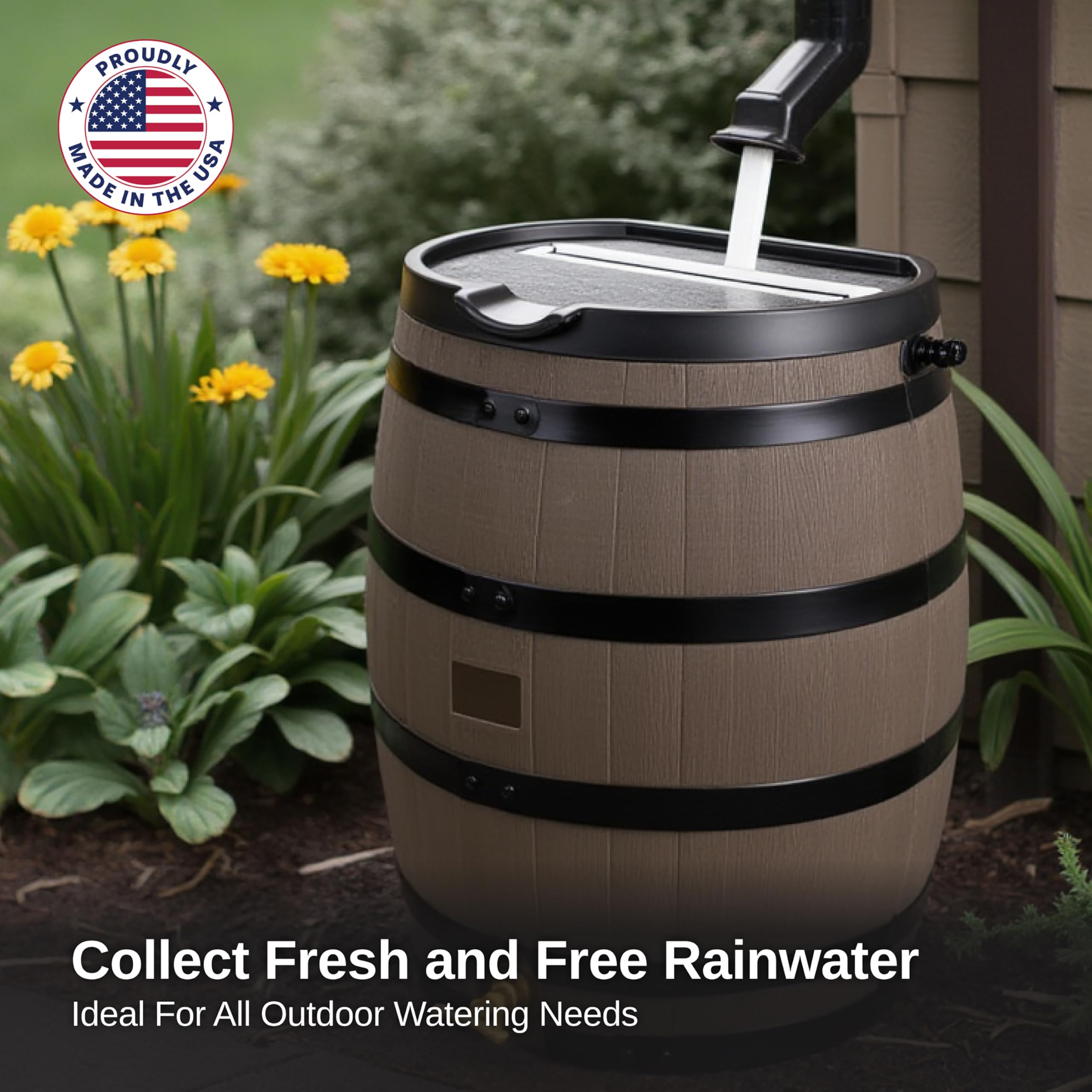 RTS Home Accents USA-made rain barrel supports domestic manufacturing.