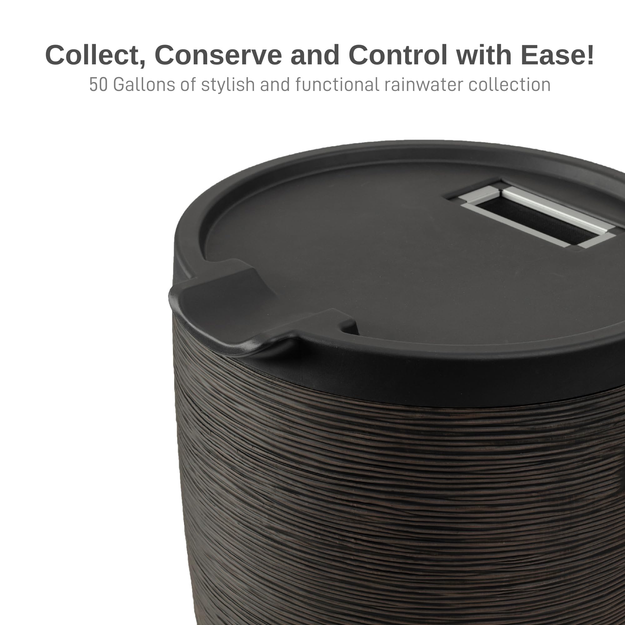 RTS Home Accents Newport rain barrel on its stand for easy watering