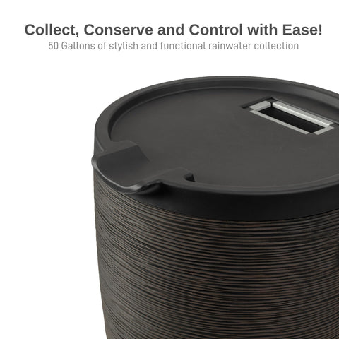 RTS Home Accents Newport rain barrel on its stand for easy watering