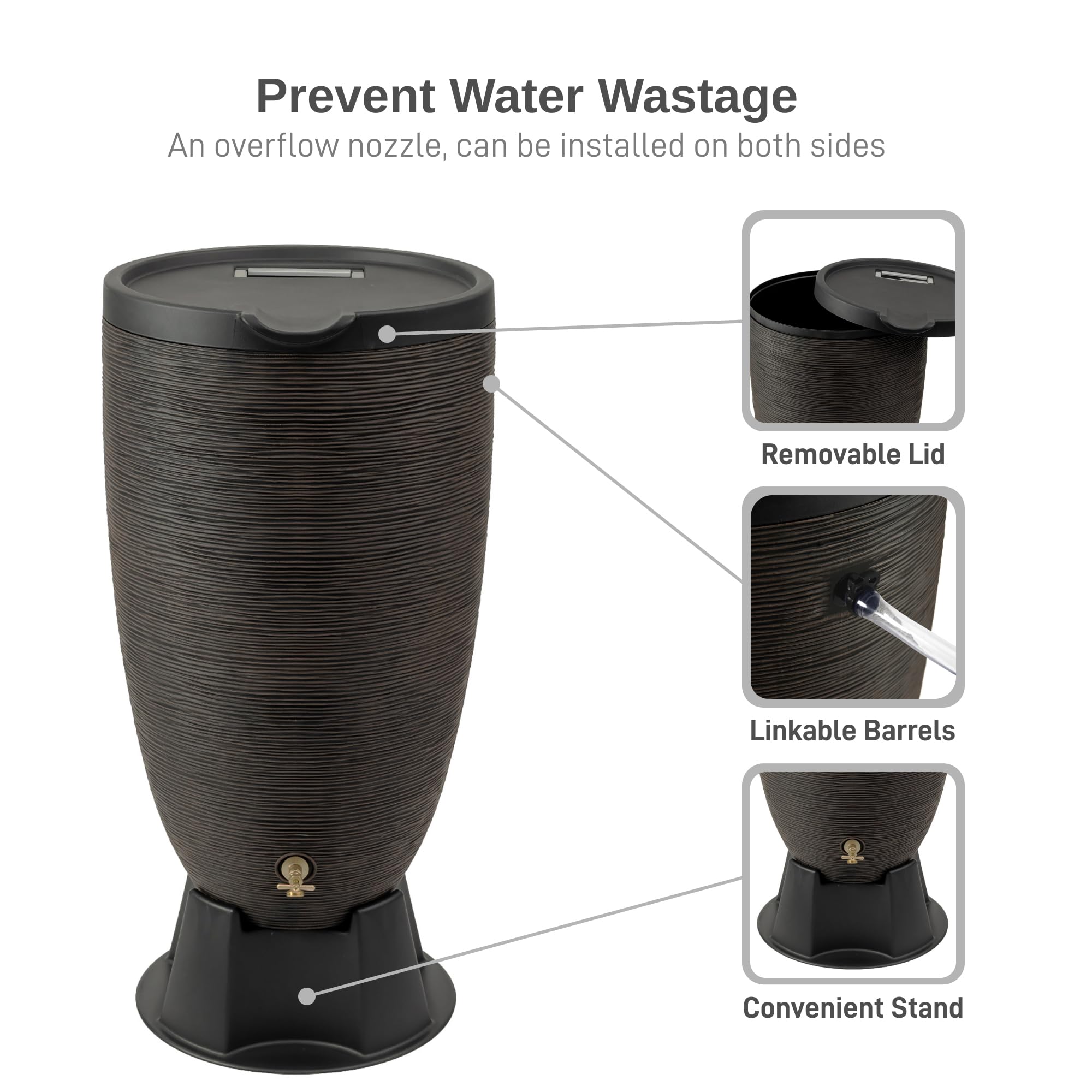 RTS Home Accents Newport rain barrel with overflow nozzle for heavy rain management