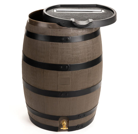 RTS Home Accents premium 55-gallon rain barrel, removable lid for easy water access.