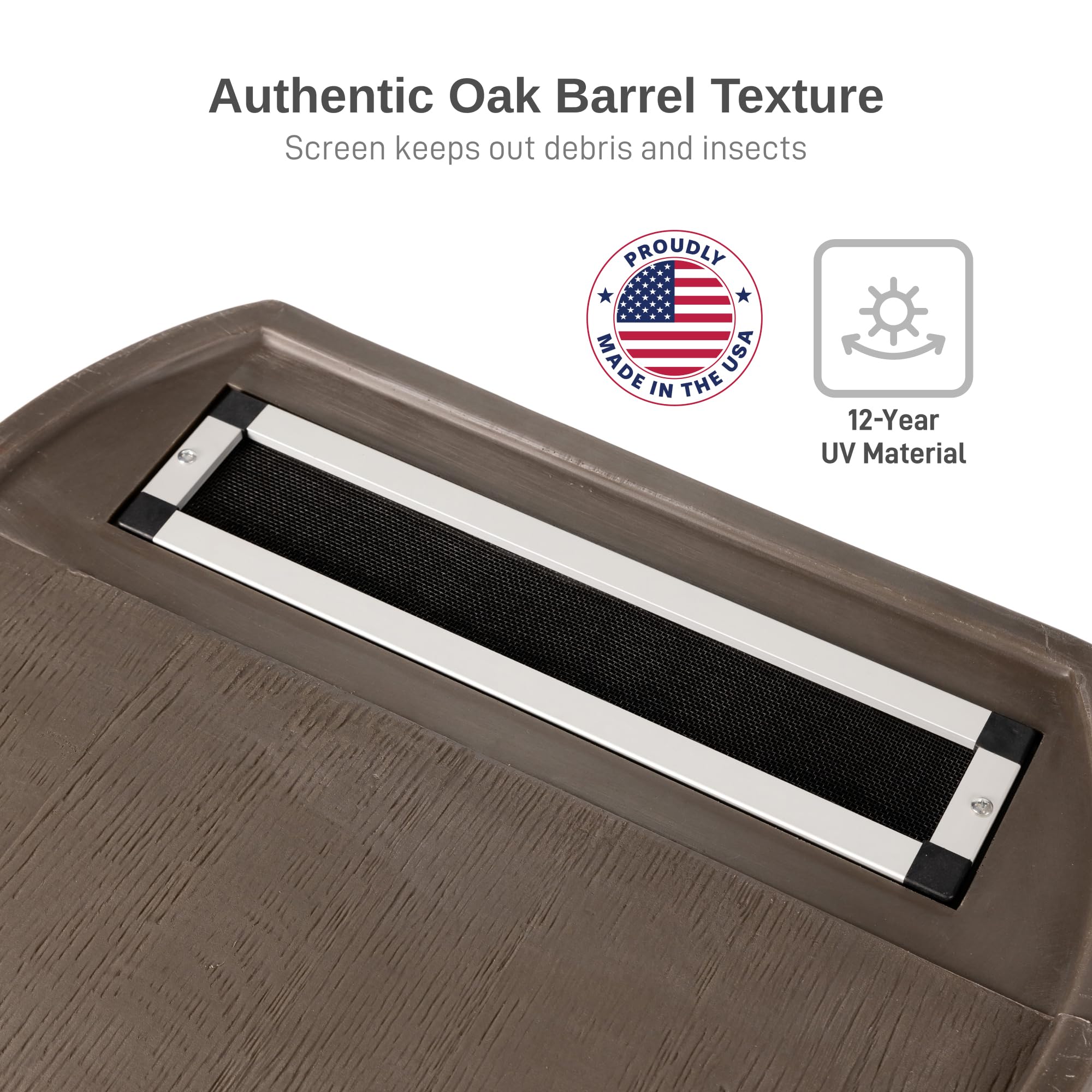 RTS Home Accents walnut-colored rain barrel blends with outdoor décor