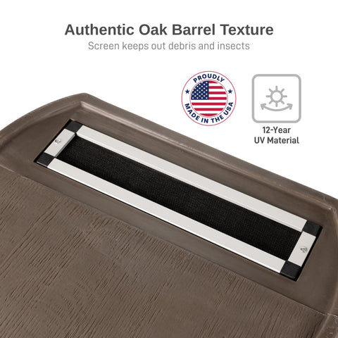RTS Home Accents walnut-colored rain barrel blends with outdoor décor