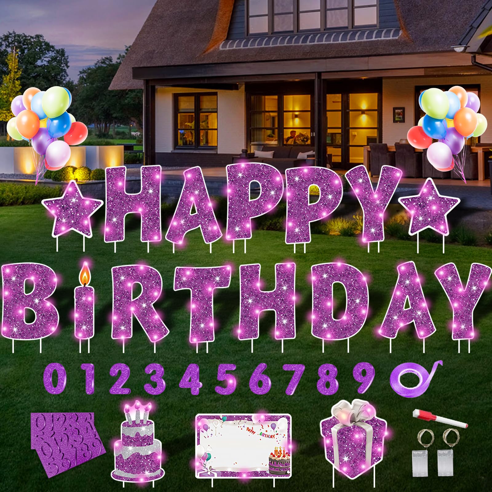 Rtshuok Happy Birthday yard sign with LED lights brightens outdoor celebrations