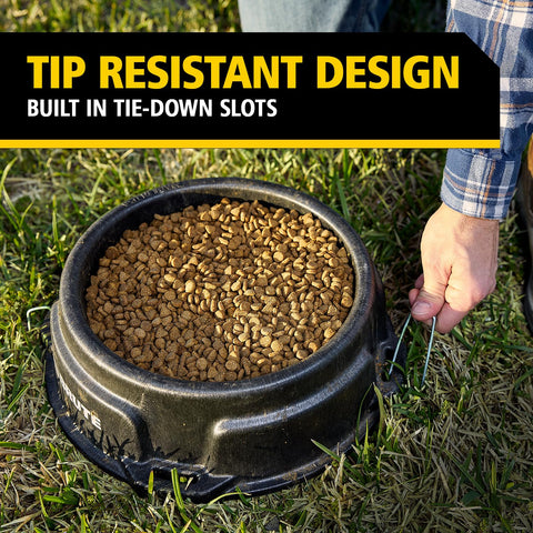 Rubbermaid Brute feeder weather resistant for outdoor livestock setups.
