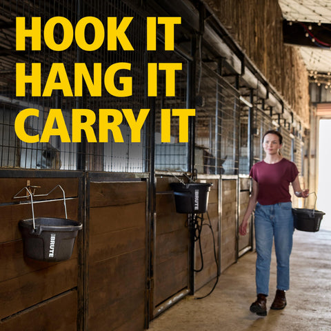 Rubbermaid Brute flat-back design fits neatly on corrals for easy at-source feeding.