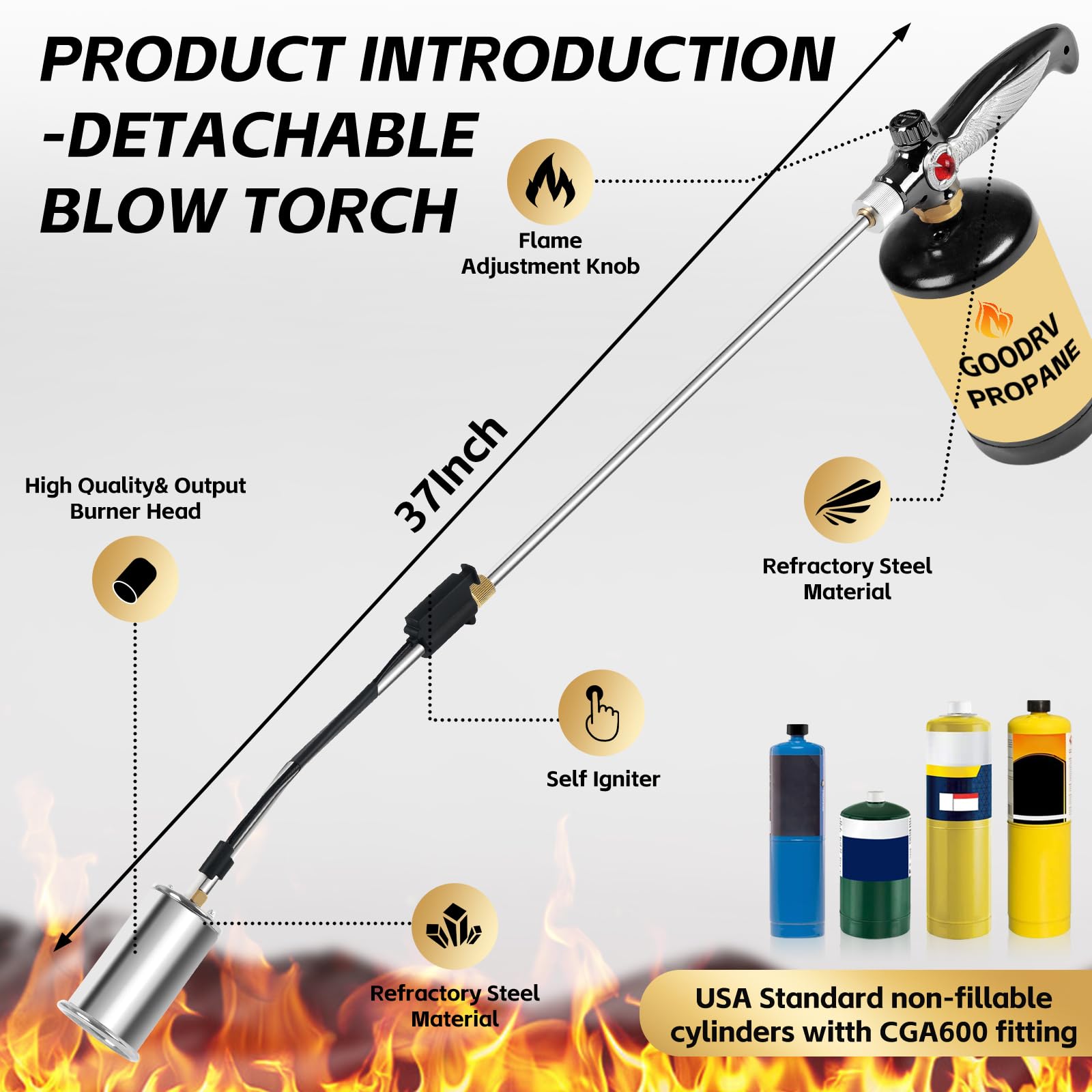 RUBDARK heavy-duty weed torch construction supports long-lasting outdoor use.