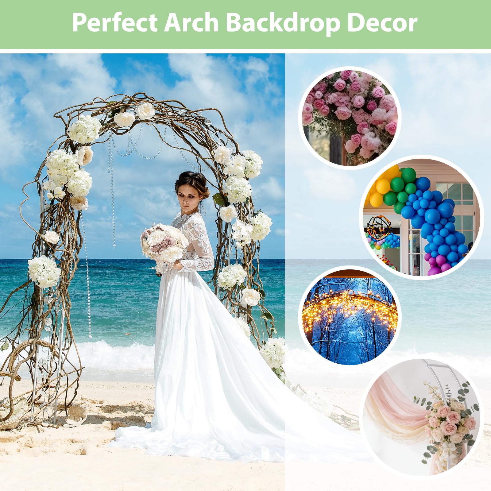 Rubfac flower and vine arch decor enhances wedding or party spaces.