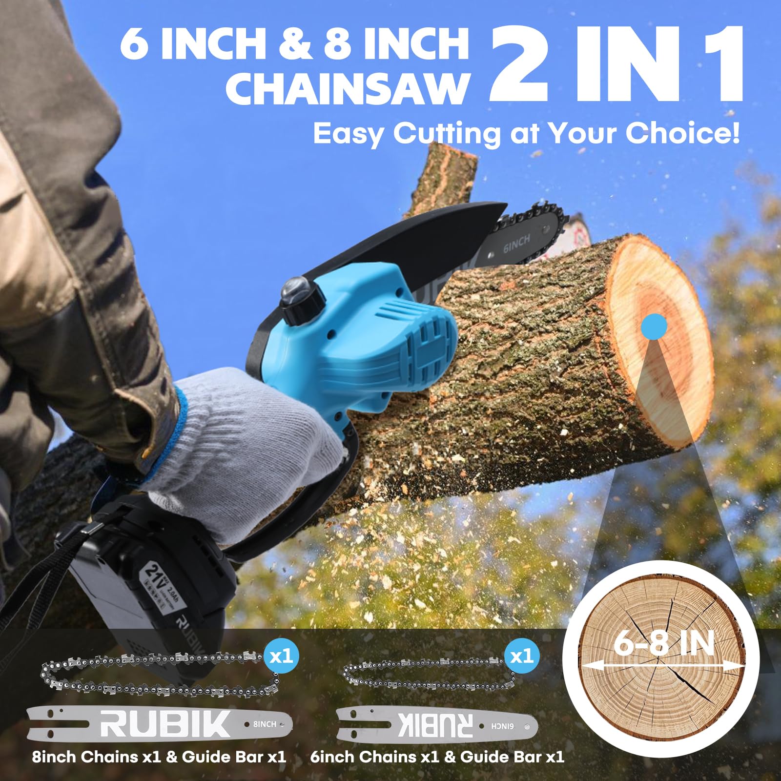 Rubik mini chainsaw battery pack demonstrates cordless freedom for outdoor cutting.