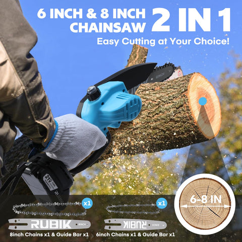 Rubik mini chainsaw battery pack demonstrates cordless freedom for outdoor cutting.