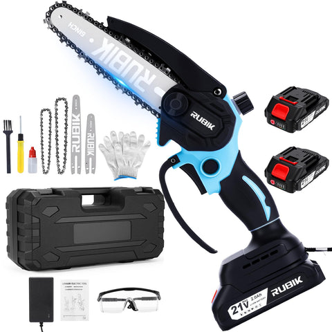 Rubik mini chainsaw front view showing portable pruning power for quick garden tasks.
