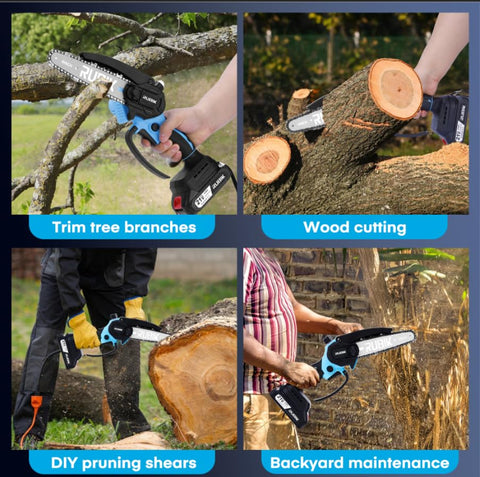 Rubik mini chainsaw in action cutting small branches during garden maintenance.