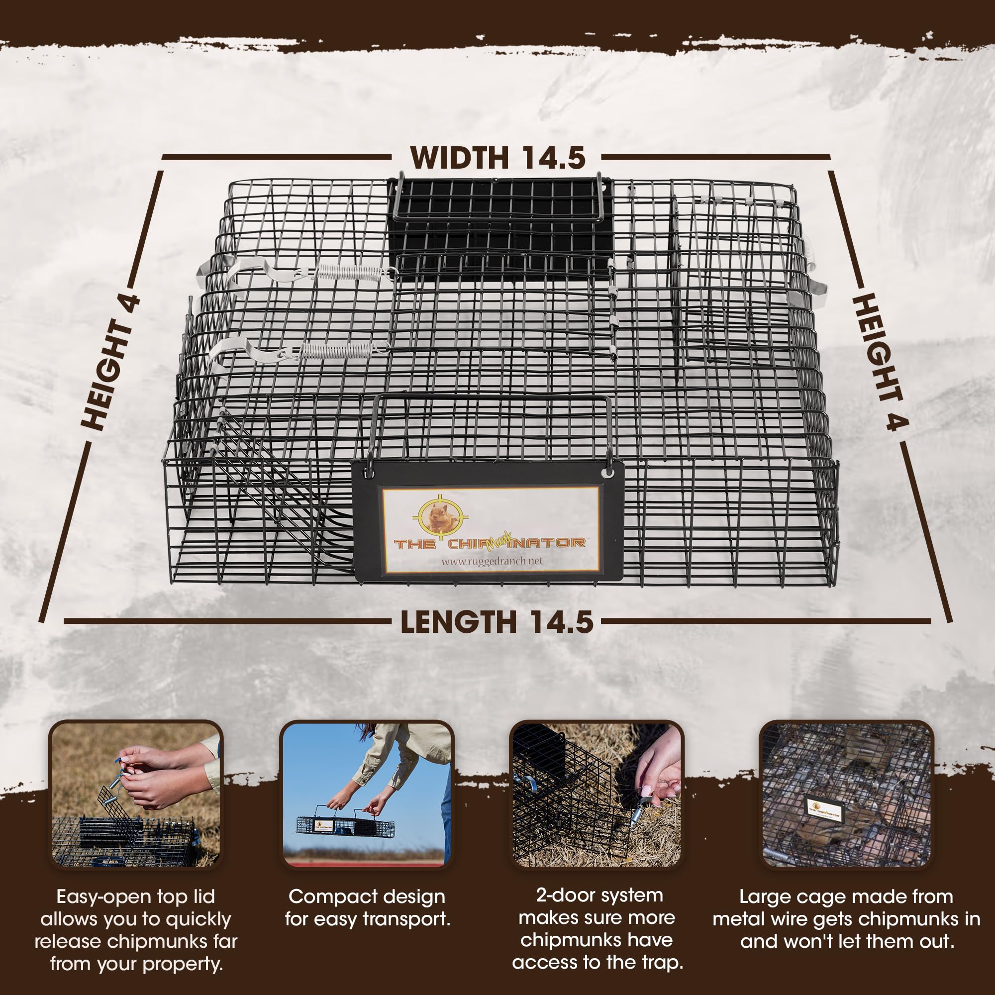 Rugged Ranch Chipmunkinator trap side view demonstrates two-door access for baiting