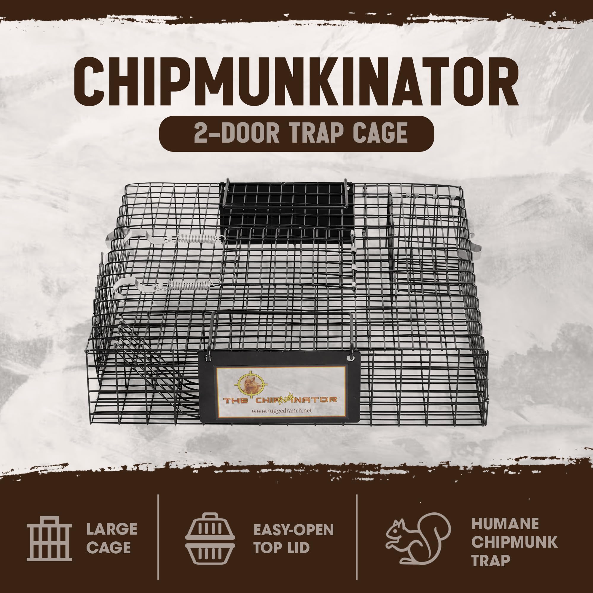 Rugged Ranch Chipmunkinator trap top view highlights quick-release lid for relocation