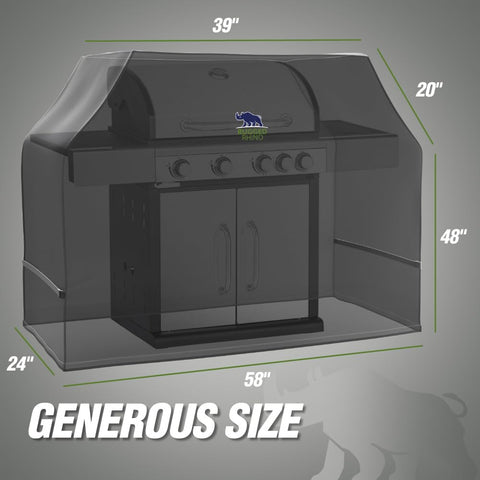 RUGGED RHINO 58-inch grill cover all-season design supports year-round grilling.