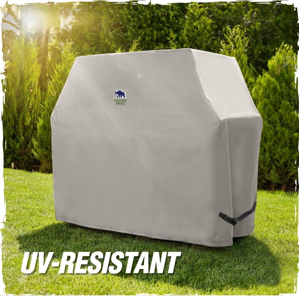 RUGGED RHINO 58-inch grill cover bottom buckle closure secures from wind.