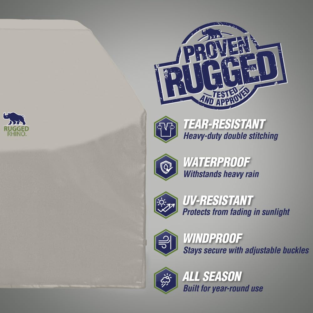 RUGGED RHINO 58-inch grill cover wind-proof straps keep grill secure during gusts.