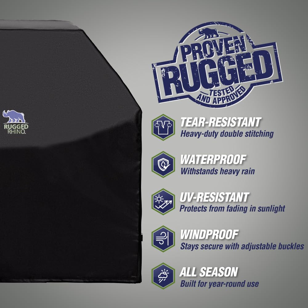 RUGGED RHINO grill cover with windproof straps secured on a grill