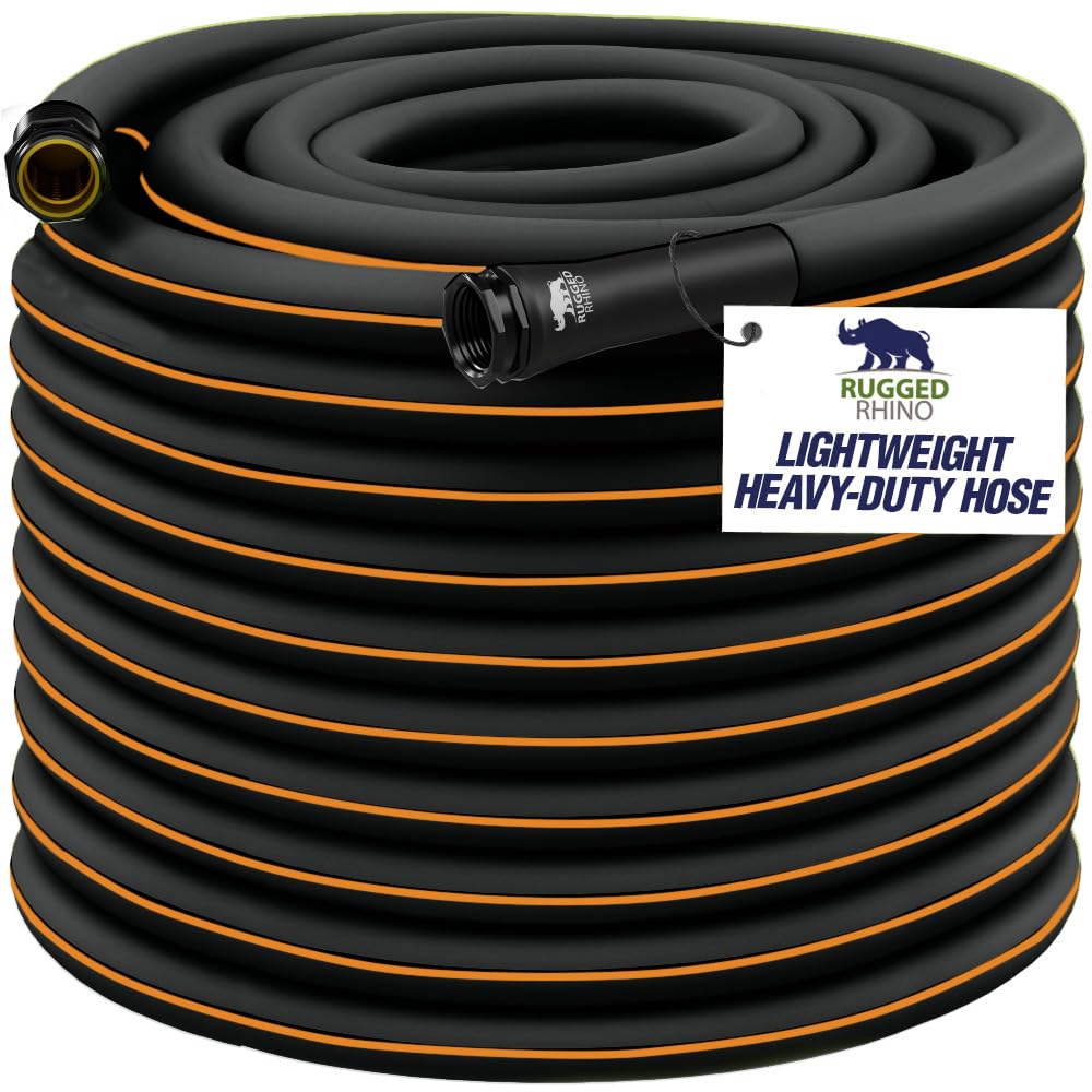 Rugged Rhino hose 50ft 5-8in diameter for durable lawn and garden irrigation.
