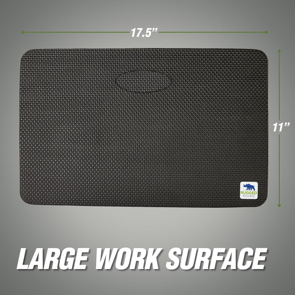 RUGGED RHINO kneeling pad measures 17.5 by 11 inches for ample kneeling space