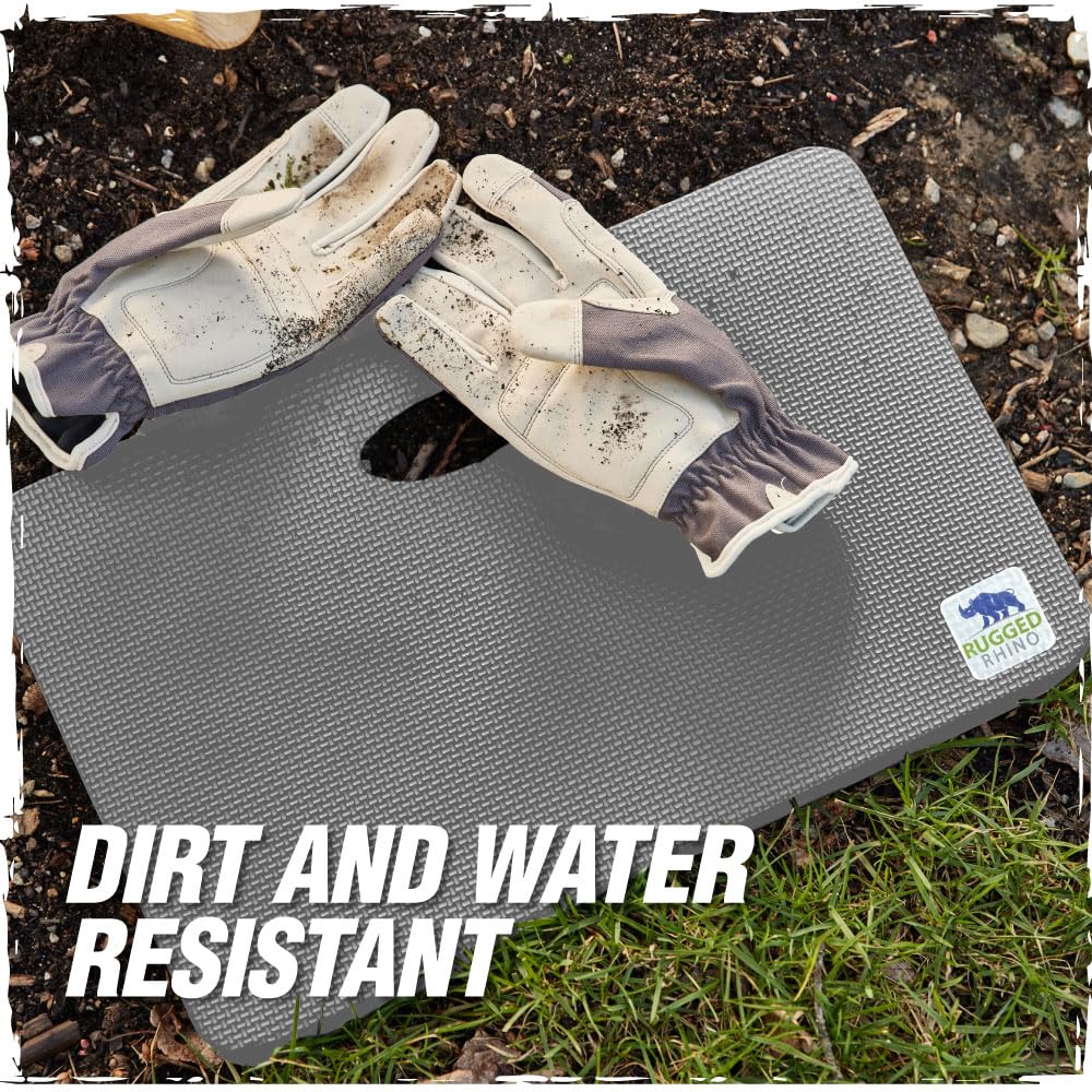 RUGGED RHINO kneeling-pad on garden soil, ideal for comfortable gardening.