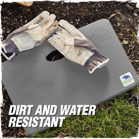 RUGGED RHINO kneeling-pad on garden soil, ideal for comfortable gardening.