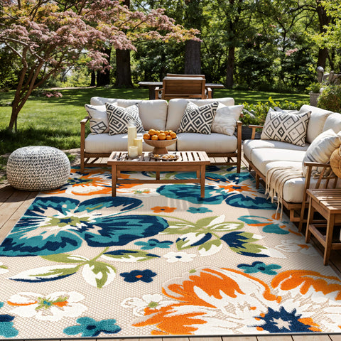 Rugshop Bergamo floral pattern closeup highlights durable indoor/outdoor design.