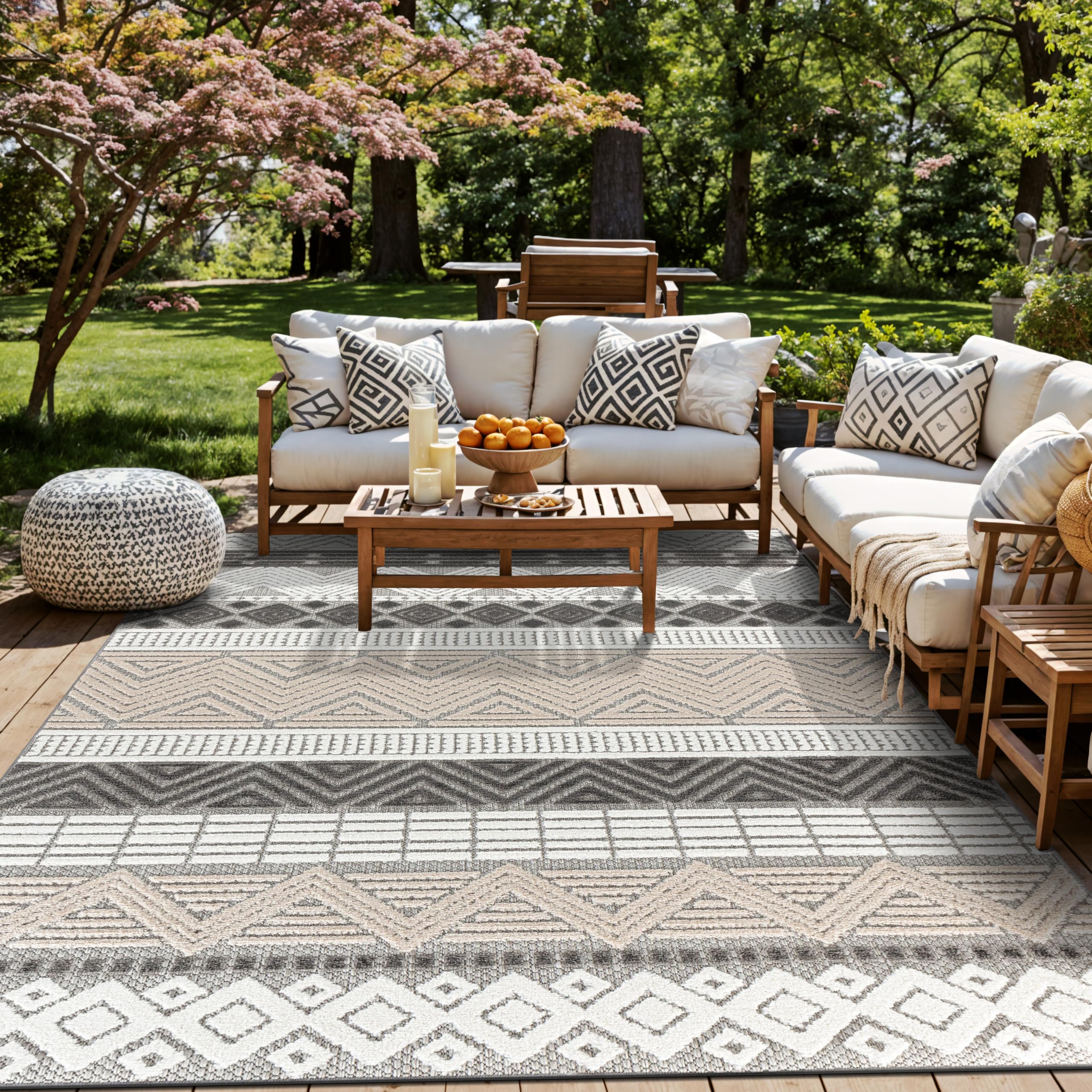 Rugshop Marbella contemporary boho outdoor rug in gray for patios and decks