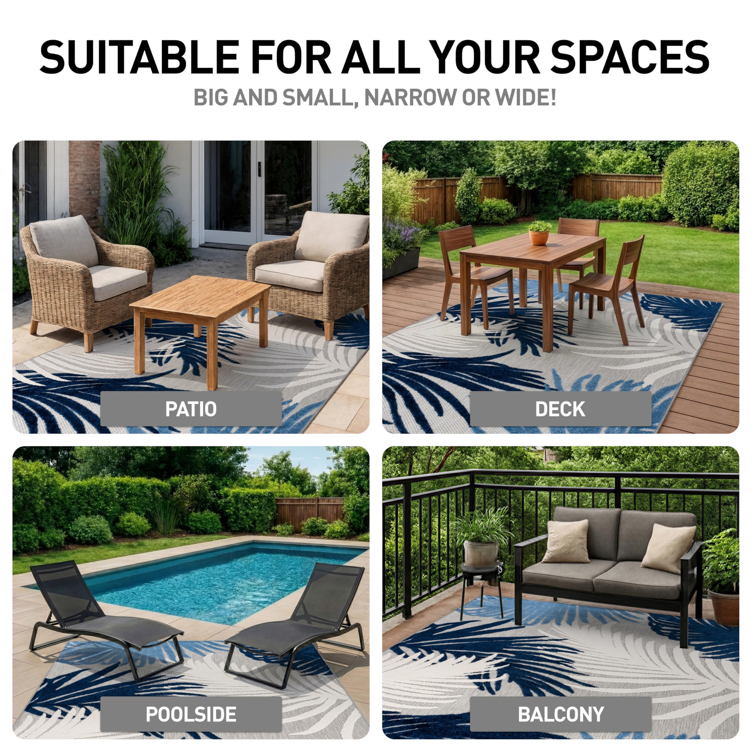 Rugshop Navy Lucca patio deck ambiance demonstrates weather-resistant performance outdoors.
