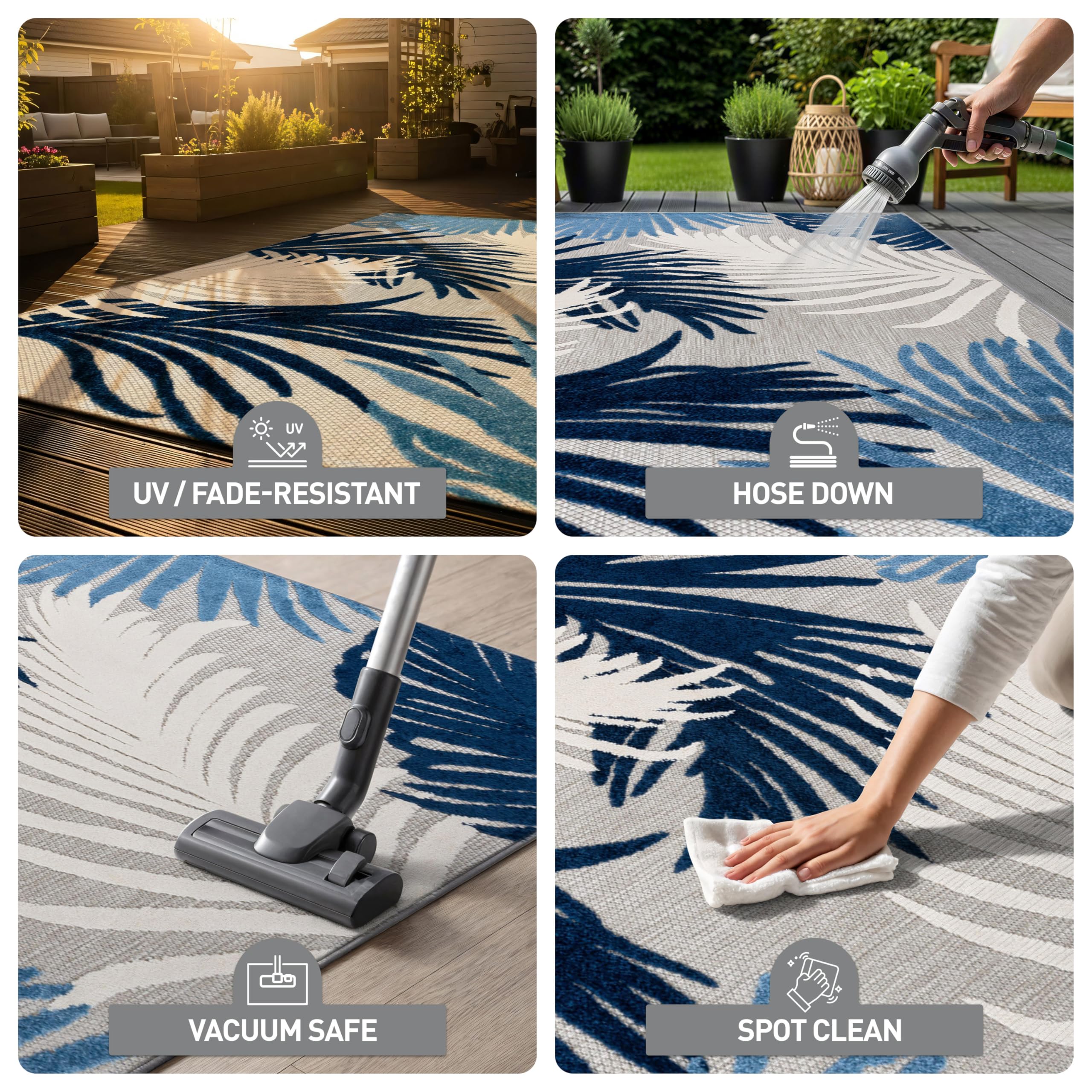 Rugshop Navy Lucca terrace breeze emphasizes outdoor-friendly, fade-resistant colors.