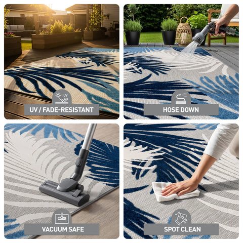 Rugshop Navy Lucca terrace breeze emphasizes outdoor-friendly, fade-resistant colors.