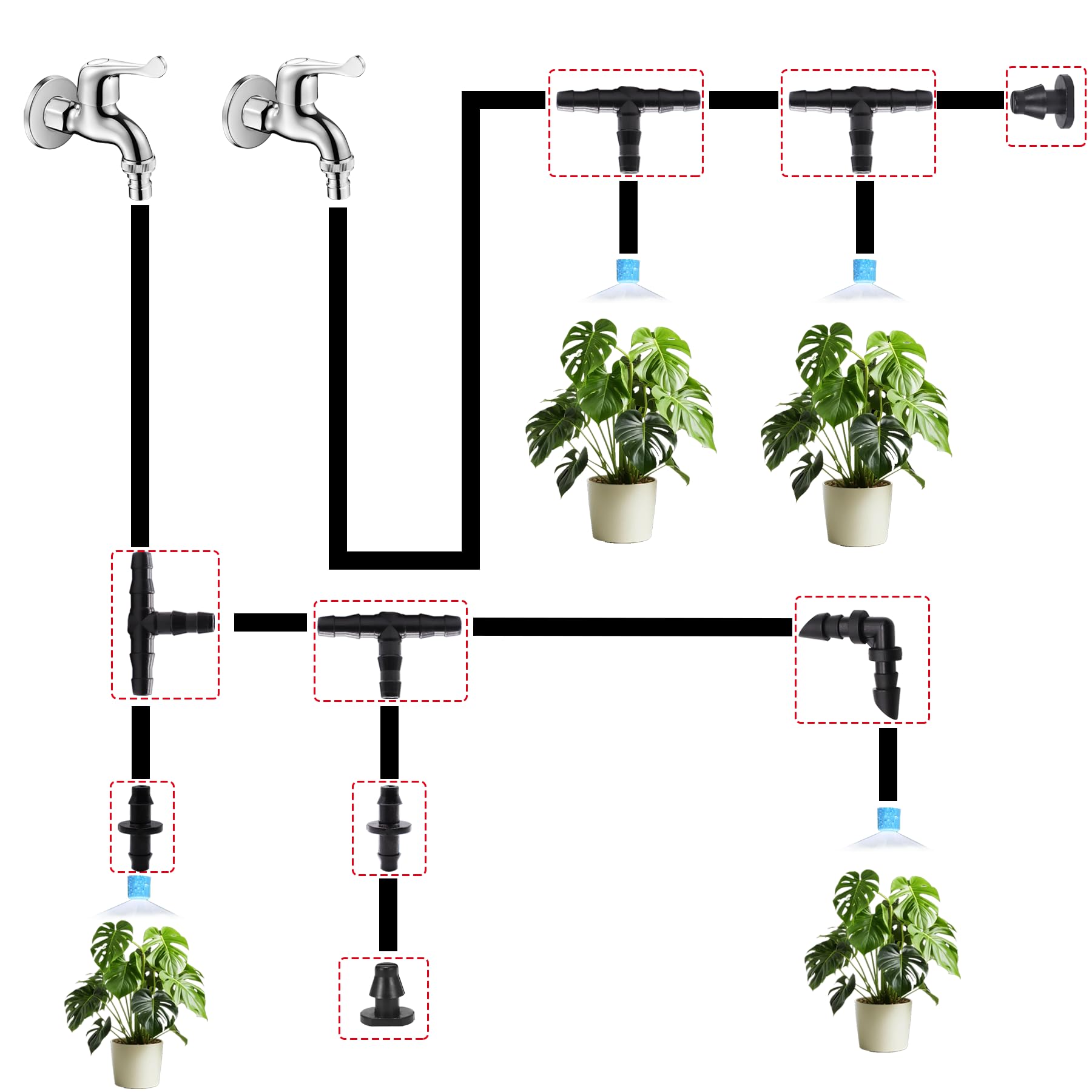 Ruibapa oblique barb four-way connectors for flexible drip layouts