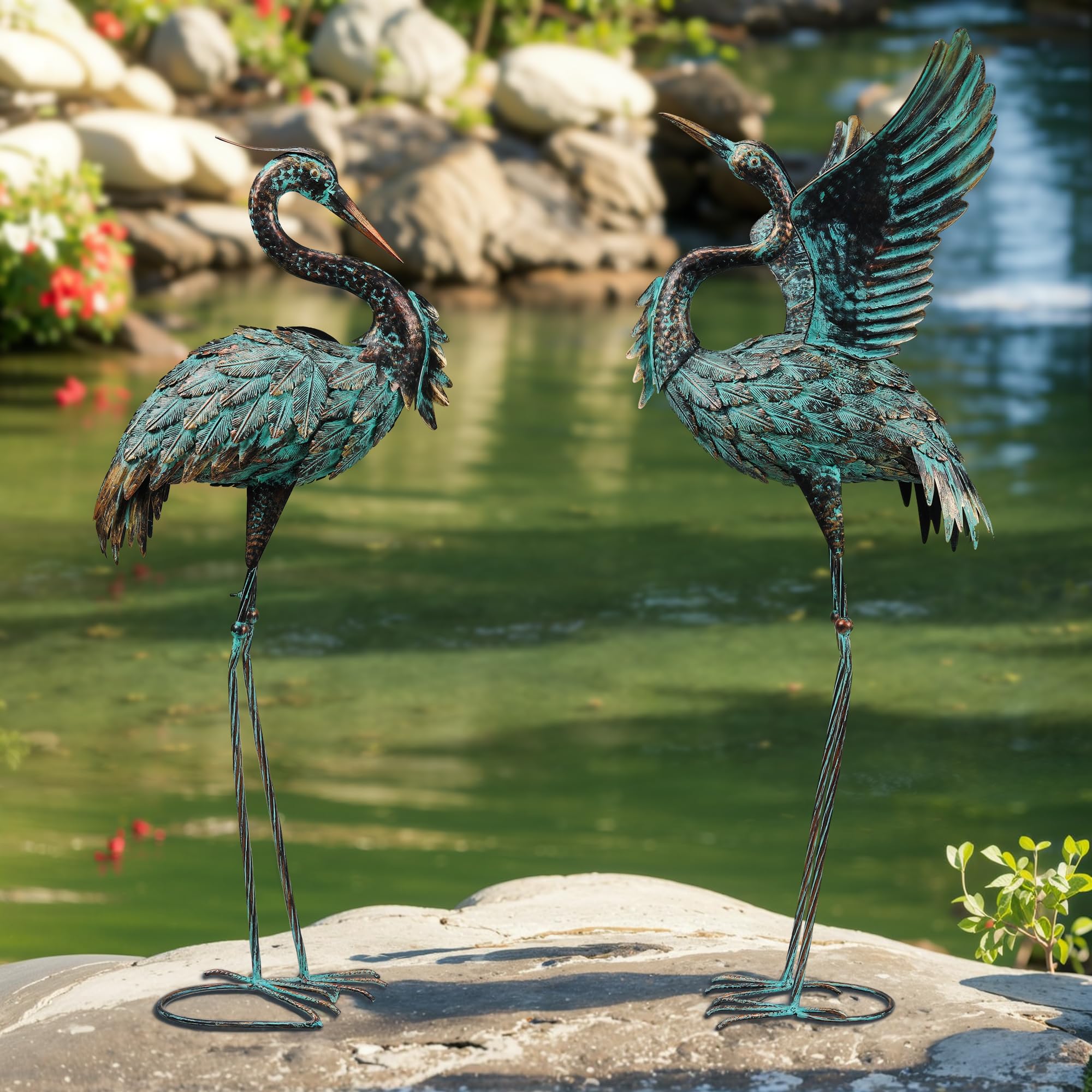 Ruifabo crane statue front view in bronze finish for outdoor spaces