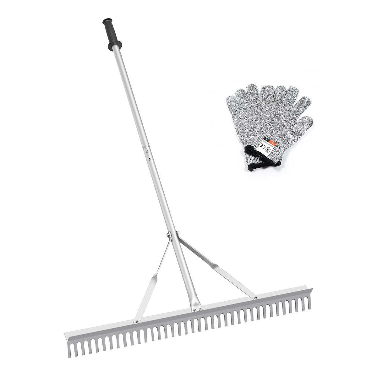 RUIJIU Landscape Rake 36-inch head for efficient lawn leveling and debris pickup.