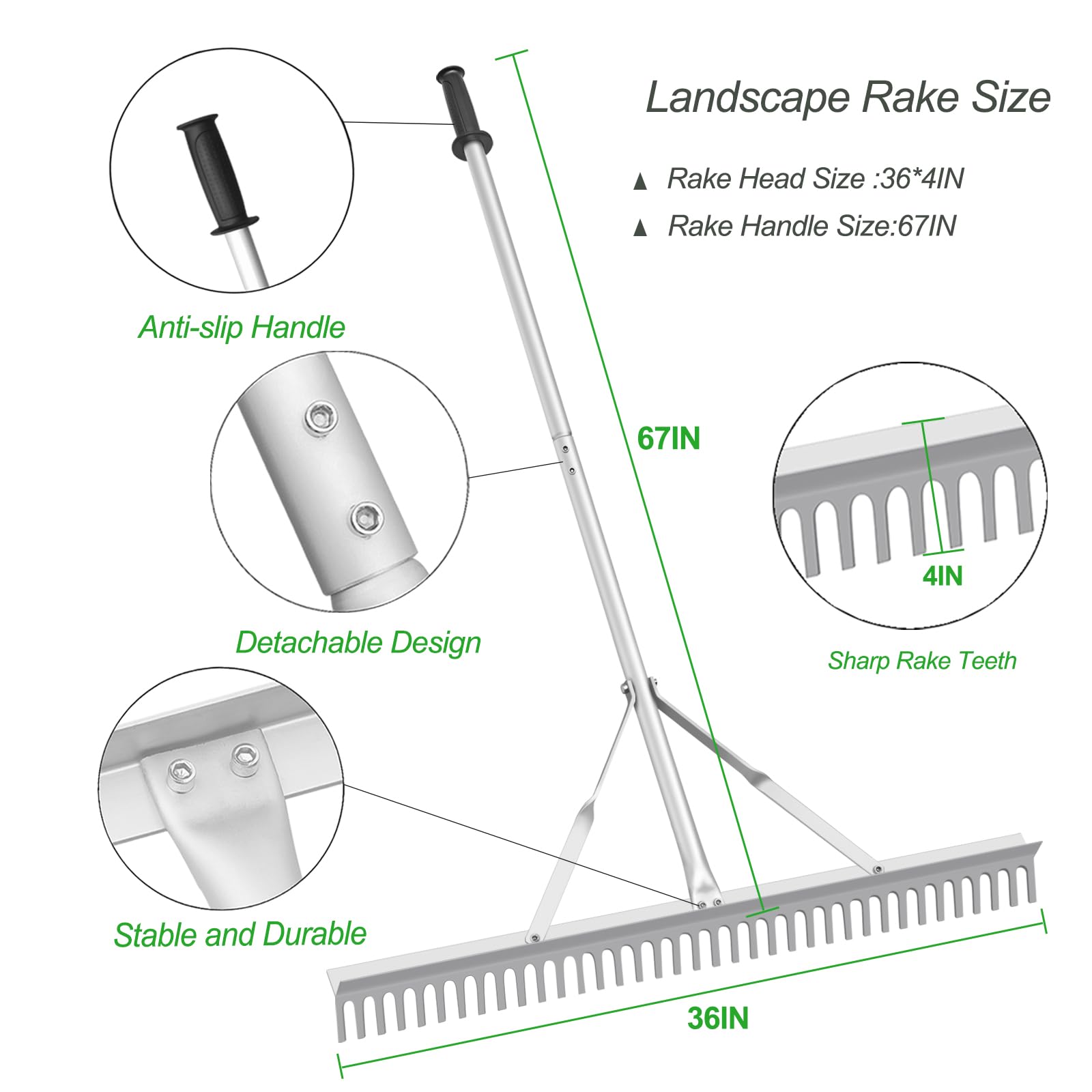 RUIJIU Landscape Rake with detachable rods enabling quick assembly.
