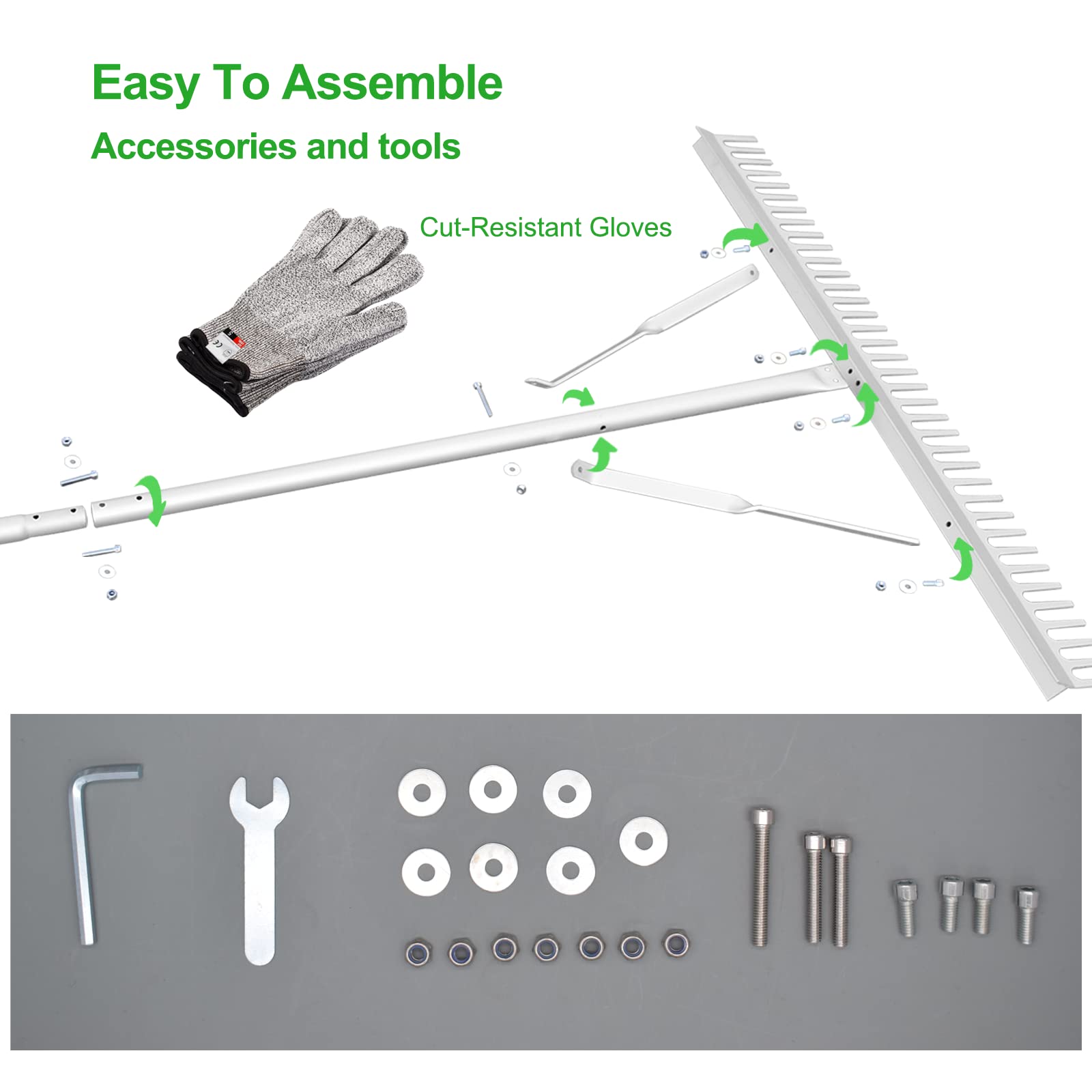 RUIJIU Landscape Rake includes cut-resistant gloves for hand protection.