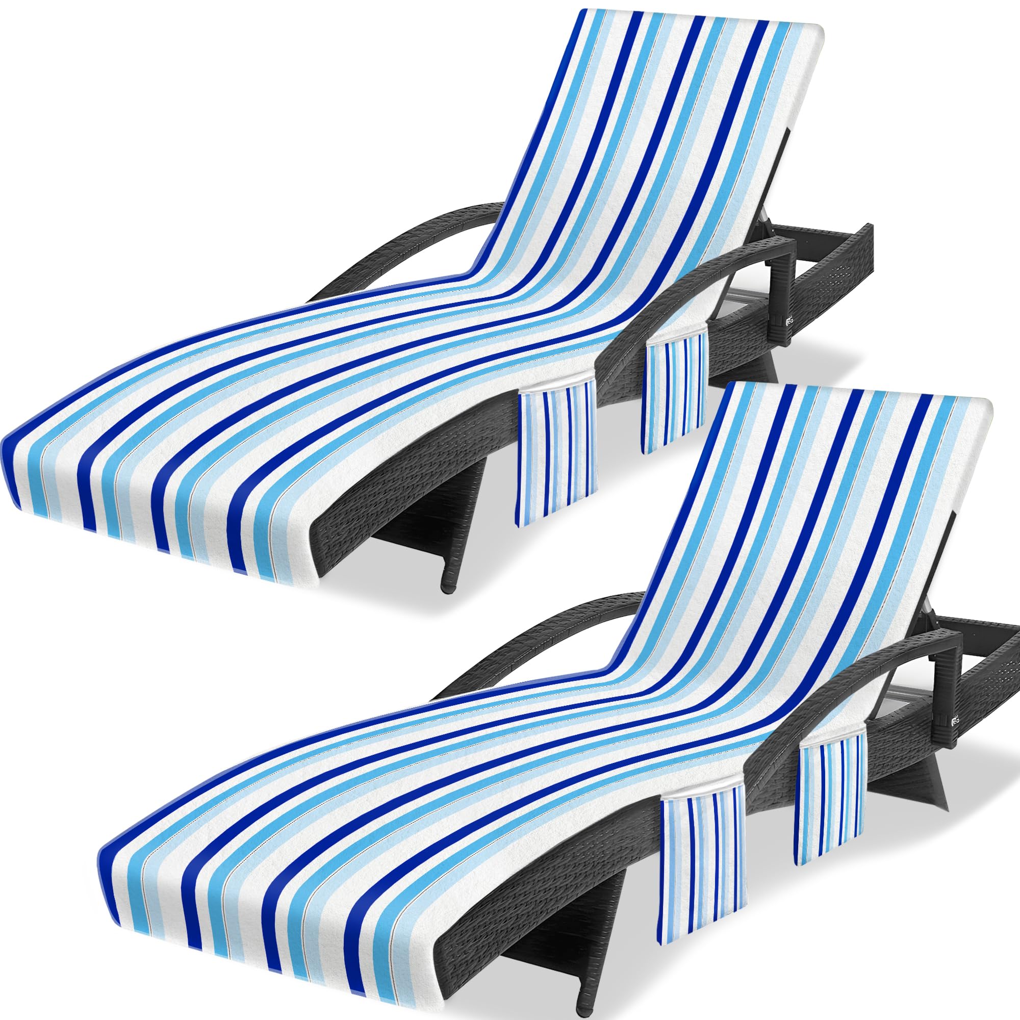 Ruikyhom lounge chair towel cover in blue-white-black stripes with secure 11-inch top pocket.