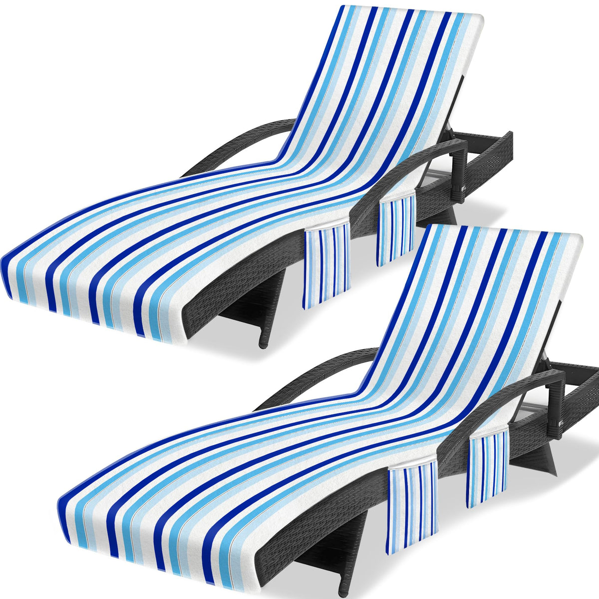 Ruikyhom lounge chair towel cover in blue-white-black stripes with secure 11-inch top pocket.