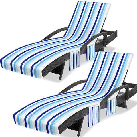 Ruikyhom lounge chair towel cover in blue-white-black stripes with secure 11-inch top pocket.