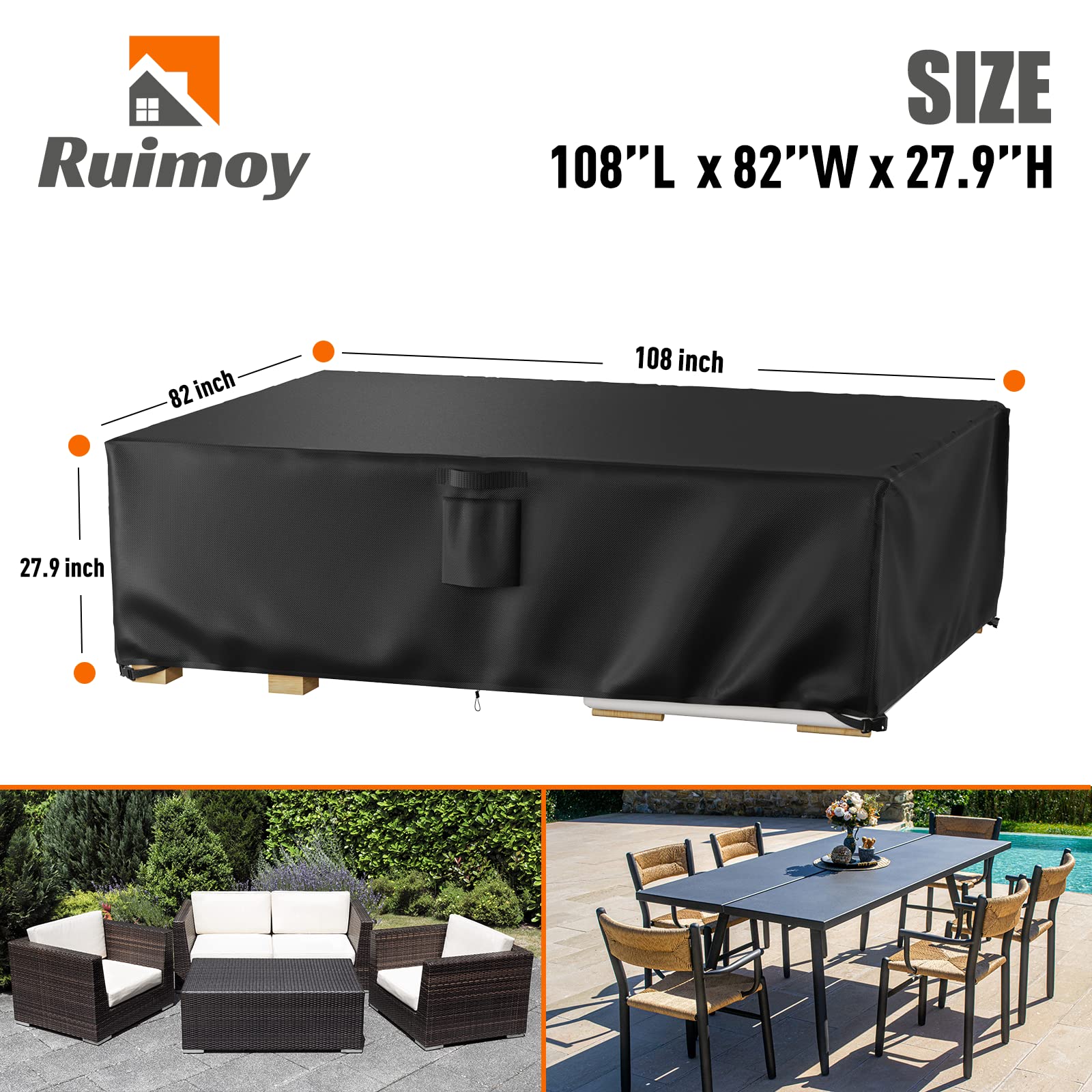 Ruimoy outdoor furniture cover with windproof straps securing a table outdoors