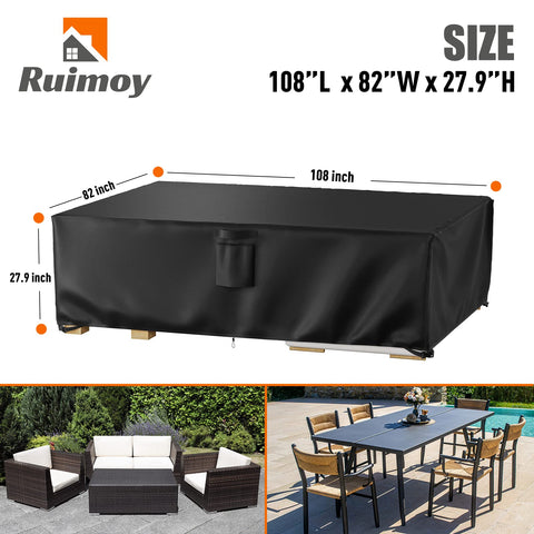 Ruimoy outdoor furniture cover with windproof straps securing a table outdoors