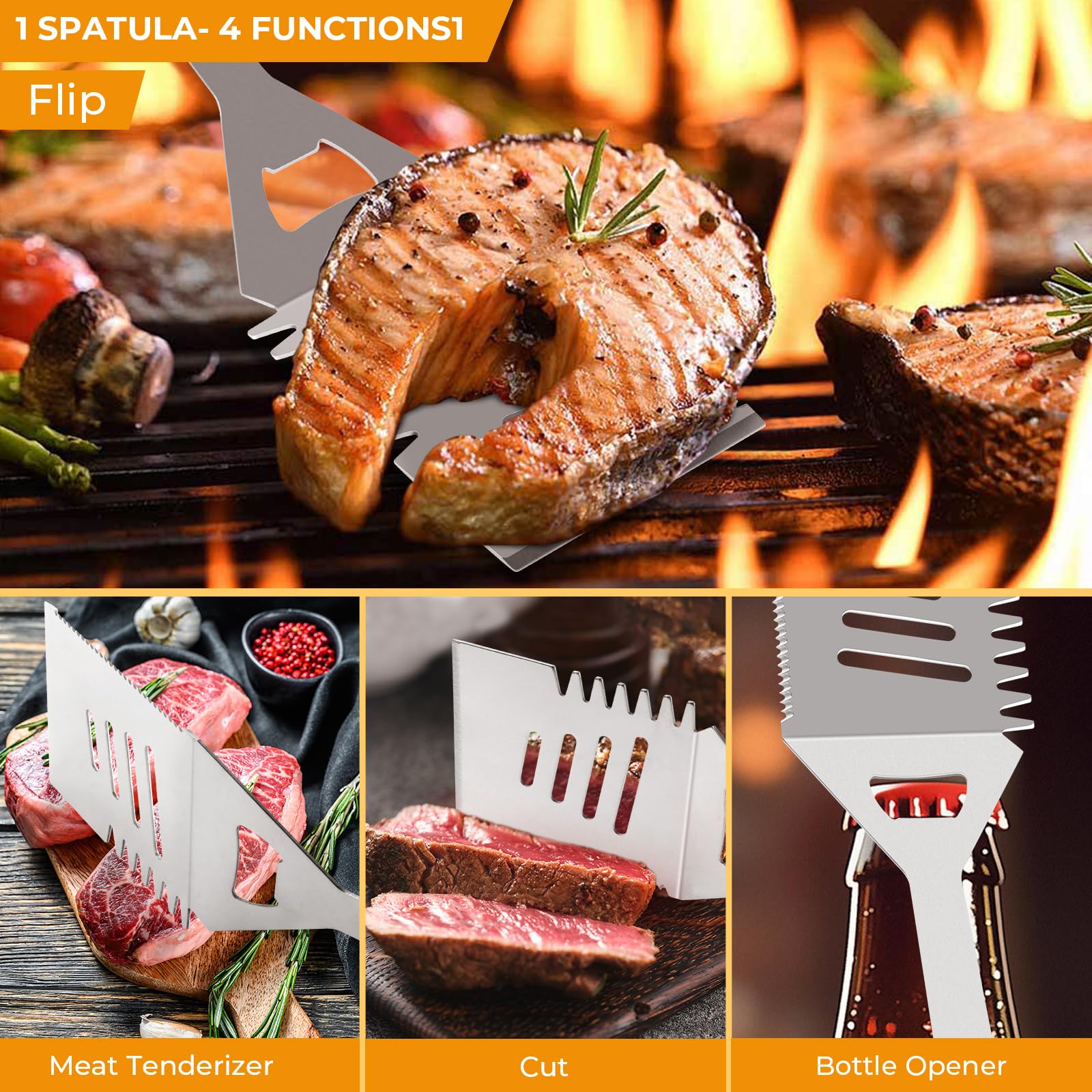 Ruinengda long-handled tongs for safe distance while grilling.