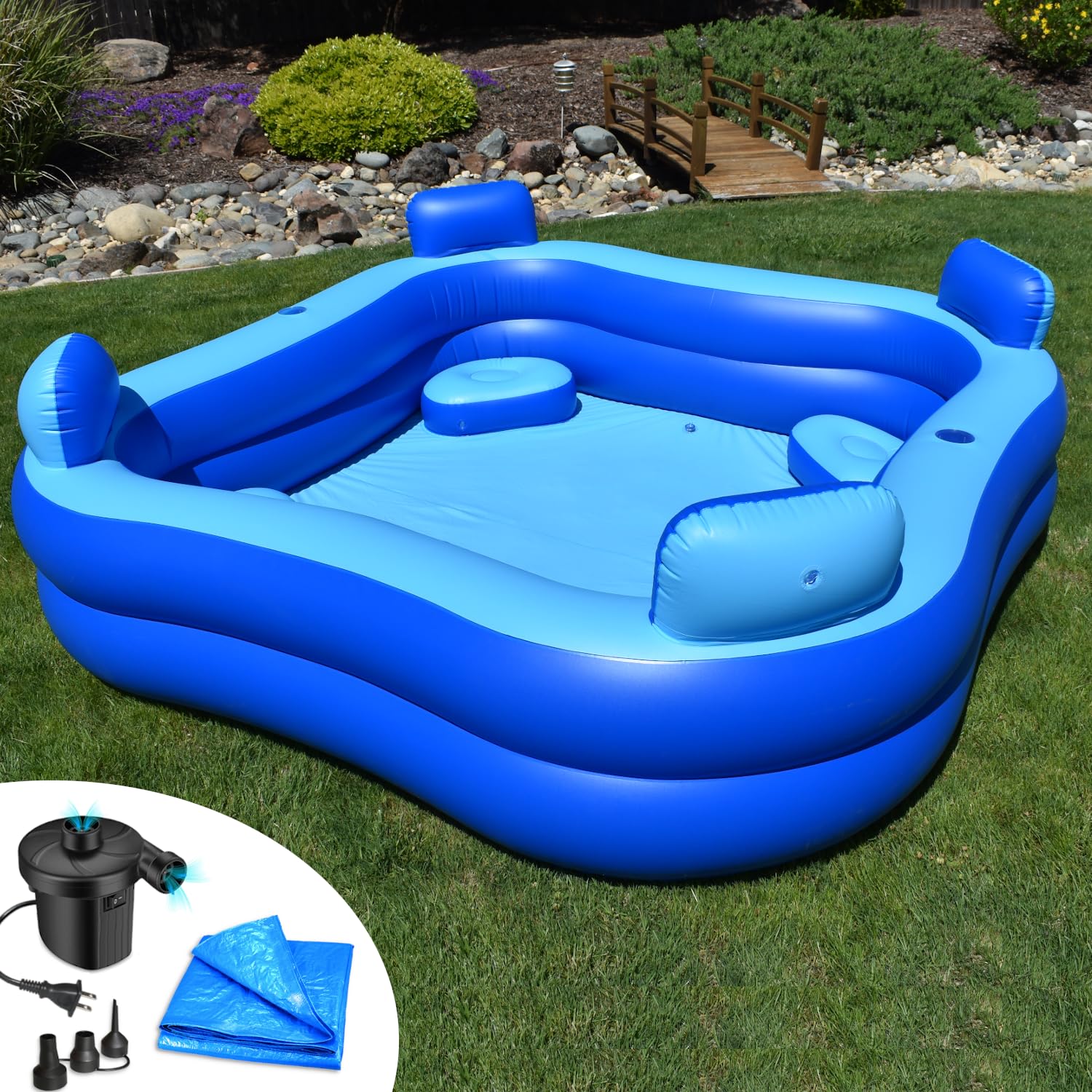 Rukala inflatable pool 8x8 with seats and headrests for family cooling