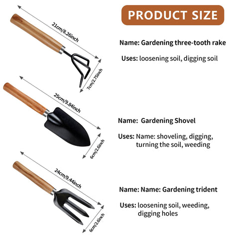 Rukinovi wooden handle tools offering comfortable grip during delicate soil work.