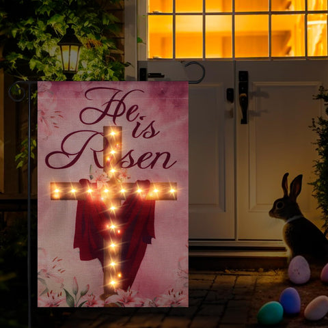 RUMIA He Is Risen Easter flag with cross and lilies, double-sided for yard display